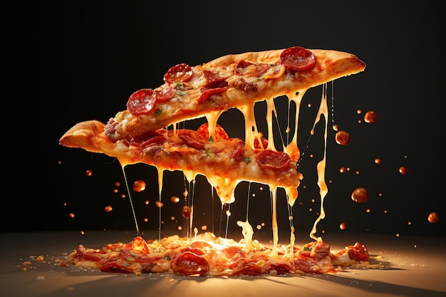 Appetizierende Pizza und Pizza-Stücke Levitation dehnbarer verarbeiteter Käse Generative KI