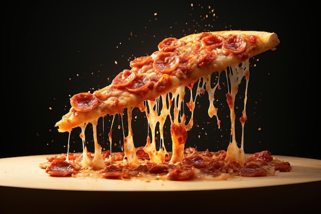 Appetizierende Pizza und Pizza-Stücke Levitation dehnbarer verarbeiteter Käse Generative KI