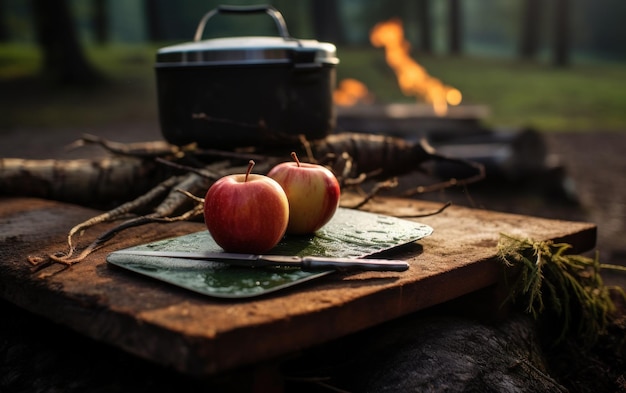 Apple sobre una tabla de cortar para acampar y una navaja junto a una fogata