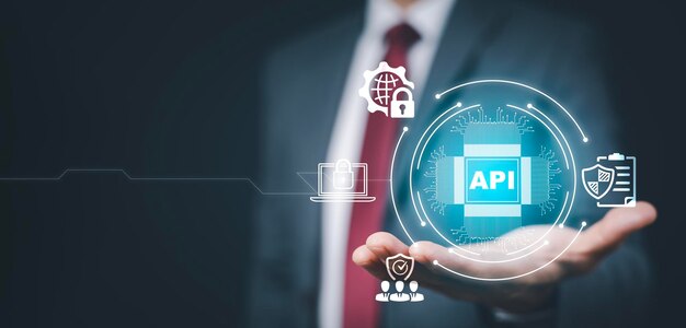 Application Programming Interface Development Technology Softwareentwicklung Geschäftsmann drückt API auf virtuellem Bildschirm vor dem Hintergrund der Technologie moderne Technologie Internet und Networking