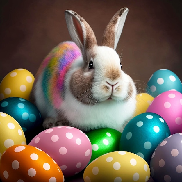 Appy conejito de Pascua con muchos coloridos huevos de Pascua