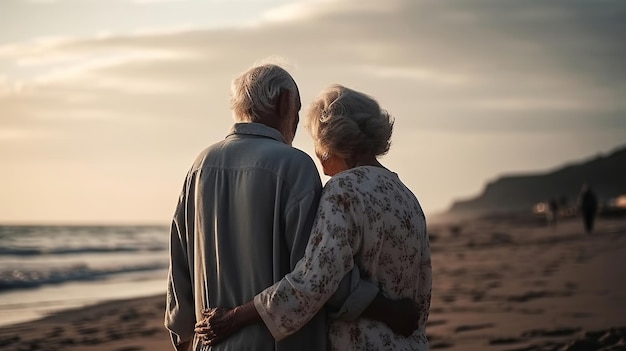 Apreciar la espalda y la pareja de ancianos en la costa controlar y mantener la relación en el verano y el matrimonio Recurso creativo Generado por IA