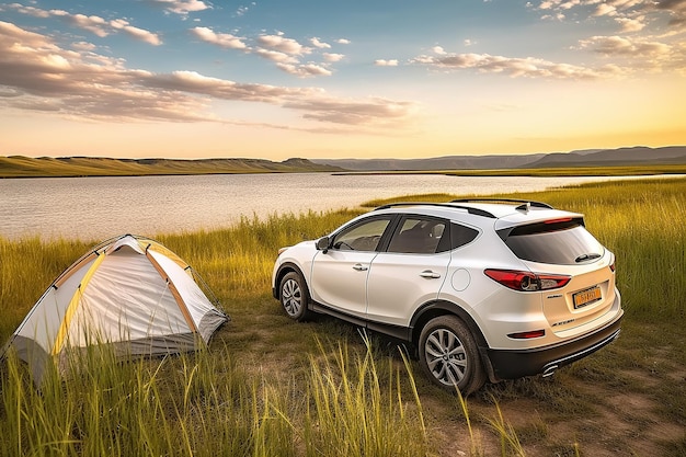 Aprecie a natureza na grama no lago Atividades de verão de acampamento Viagens de aventura com tendas de carros