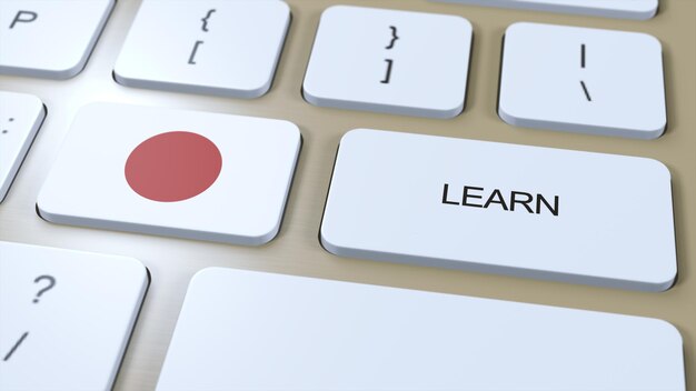 Aprenda el concepto de idioma japonés Cursos de estudio en línea Botón con texto en el teclado Ilustración 3D