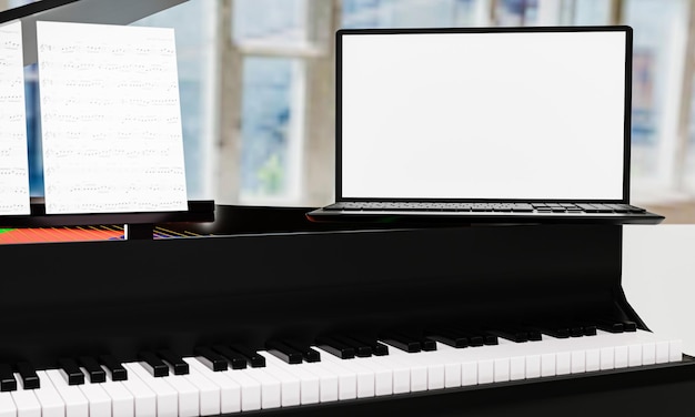 Aprenda piano online por si mesmo Use um tablet ou computador para aprender tutoriais de piano online O piano de cauda preto tem um tablet colocado em um suporte de notebook Rendering 3D