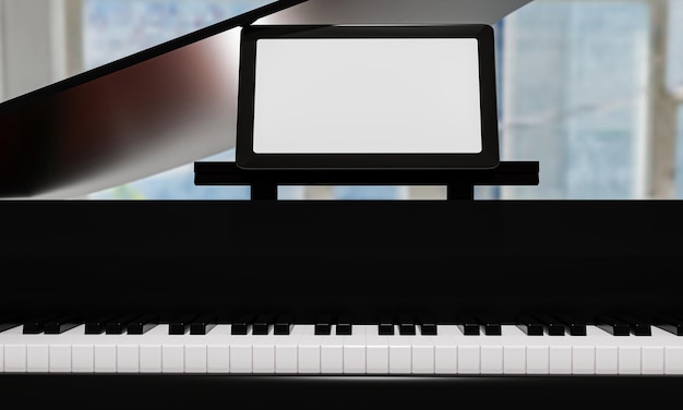 Aprenda piano online sozinho Use um tablet para aprender tutoriais de piano online O piano de cauda preto