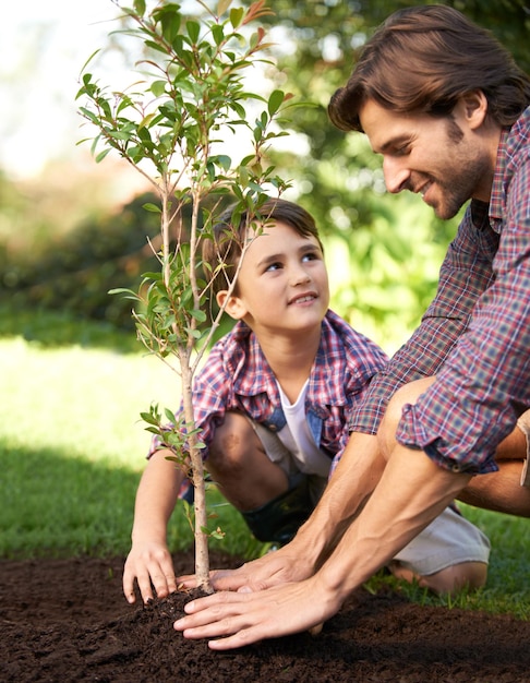 Aprendendo sobre jardinagem com papai Foto de um garotinho e seu pai plantando uma árvore em seu jardim