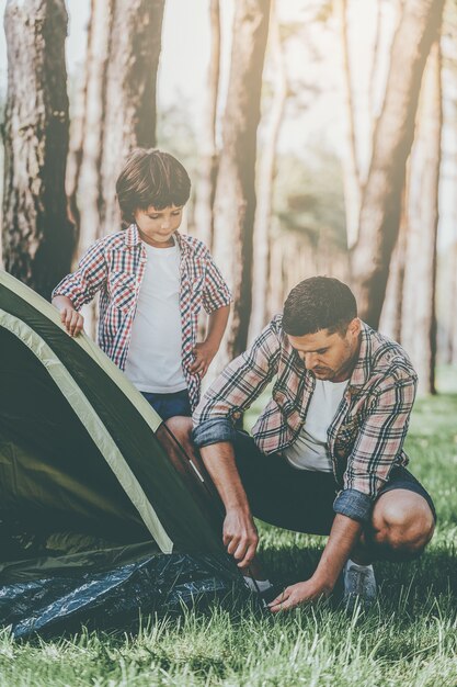 Aprender as noções básicas de acampamento. Pai e filho alegres armando uma barraca enquanto acampam juntos na floresta