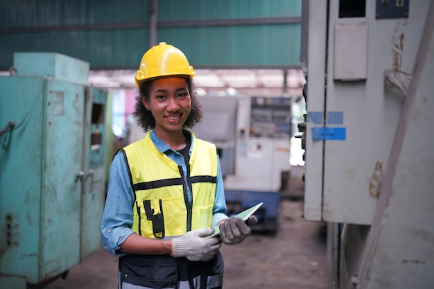 Aprendiz femenina en una fábrica metalúrgica, Retrato de una trabajadora técnica de la industria femenina o una ingeniera que trabaja en una empresa de fabricación industrial.