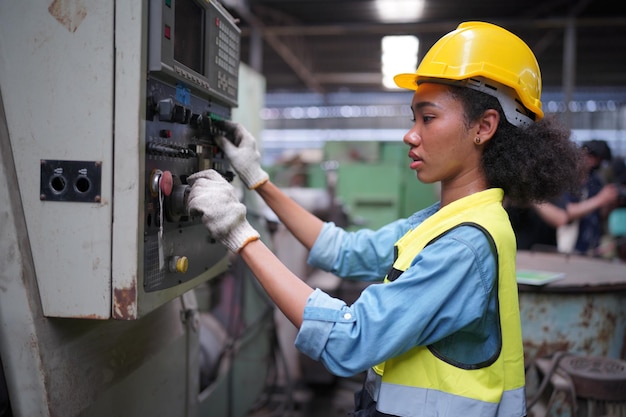 Aprendiz feminino na fábrica de metalurgia, retrato de trabalhadora técnica da indústria feminina ou engenheira trabalhando em uma empresa de fábrica de fabricação industrial.