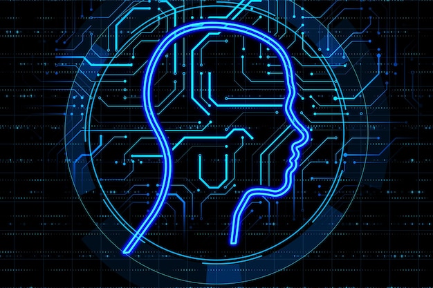 Aprendizagem de máquina e conceito de tecnologia com silhueta digital azul de cabeça humana em fundo escuro com renderização 3D de microcircuito