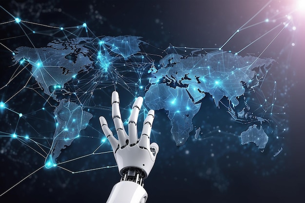Aprendizagem de máquina Mãos de robô e humano tocando no fundo de conexão de rede de grandes dados Ciência e artificial