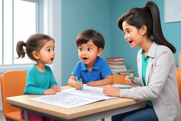 Foto aprendizagem divertida de terapia da fala de desenhos animados para crianças com prática de pronúncia