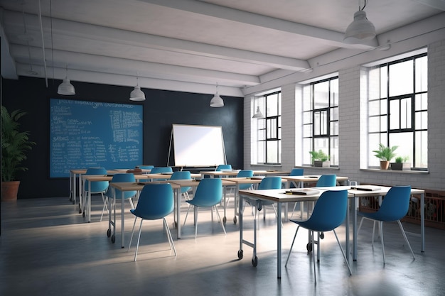 Aprendizagem no Futuro Uma sala de aula brilhante e convidativa cheia de modernas cadeiras azuis