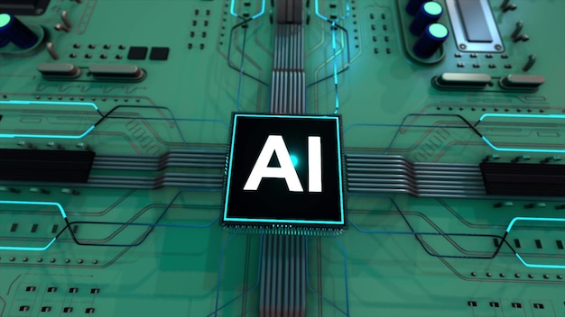 Aprendizagem profunda de tecnologias de computador modernas animação eletrônica futurista abstrata de inteligência artificial começou a funcionar microchip de processador de cpu da placa-mãe
