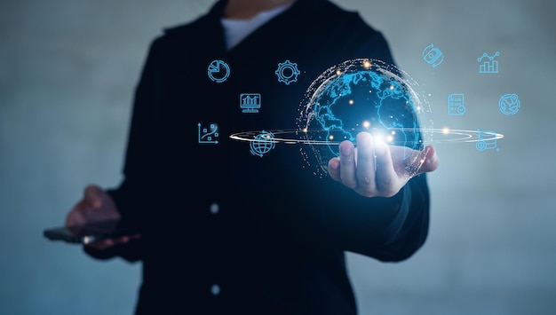 Aprendizaje automático para extraer predicciones para negocios Tecnología de visualización de grandes datos y análisis con científico analizando la estructura de la información en una pantalla virtual financeiot