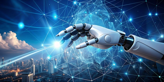 Aprendizaje automático de la mano del robot tocando el fondo de la foto en 4K HD