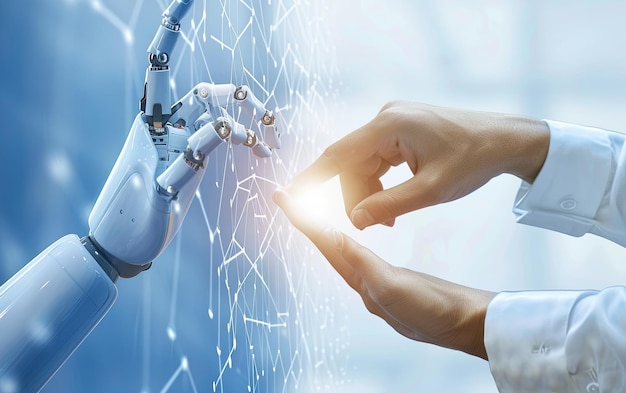 Aprendizaje automático Manos de robot y humano tocando en el fondo de la conexión de la red de grandes datos Scie