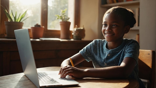 Foto aprendizaje a distancia educación en línea niño de escuela estudiando en casa con tableta digital trabajo escolar