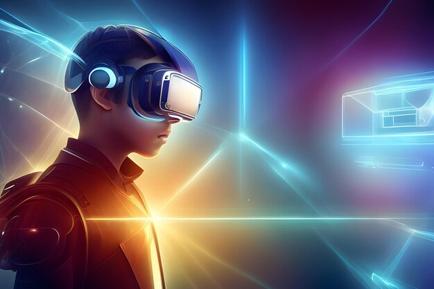 Aprendizaje de IA en interfaz holográfica gafas de realidad virtual tecnología infundida aula de aprendizaje futurista