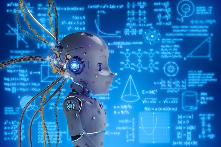 Foto aprendizaje robótico de renderización 3d o aprendizaje automático con interfaz de educación hud