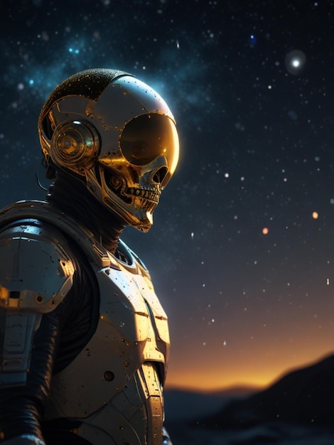 apresenta um astronauta com um capacete de crânio dourado