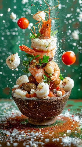 Apresentação criativa de frutos do mar com camarão voador e tomates sobre uma tigela delicada em verde