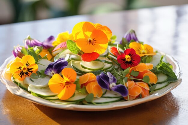 Foto apresentação criativa de saladas incorporando flores comestíveis em desenhos artísticos impressionantes