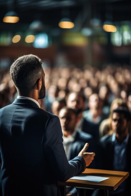 Apresentação da conferência de liderança com uma audiência diversificada com espaço vazio para o texto