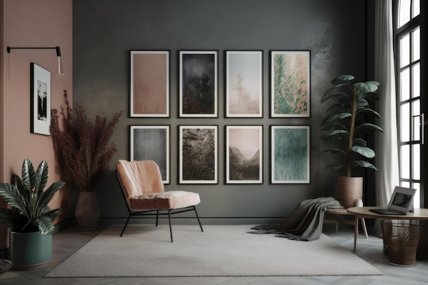 Apresentação de cartazes em um espaço interior de cor plana com cinco quadros na parede uma parede de galeria monocromática preta e prateada metálica uma única cadeira e sem plantas