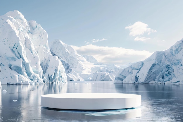 Foto apresentação de palco circular de produto com fundo de geleira para publicidade
