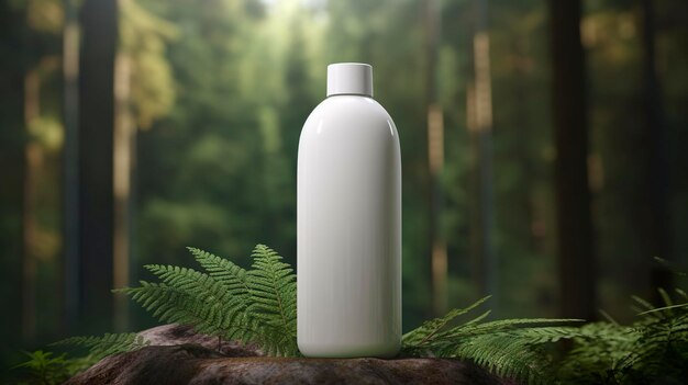 Apresentação de produtos cosméticos naturais nos bastidores ao ar livre colocação na floresta frasco branco em branco garrafa de shampoo 3d AI Generative