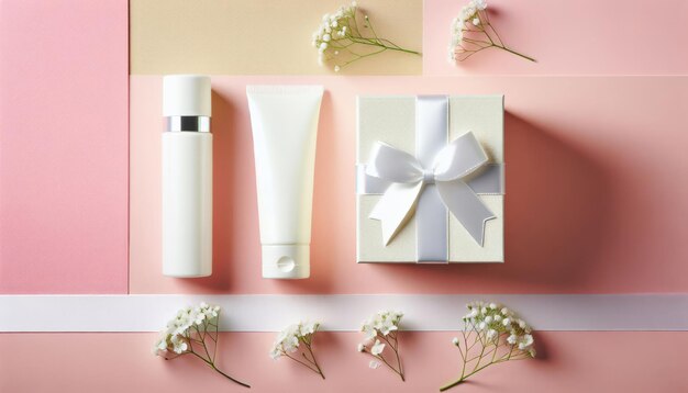 Apresentação de um conjunto de presentes de uma caixa de presentes de produtos cosméticos em cor pastel com flores em plano