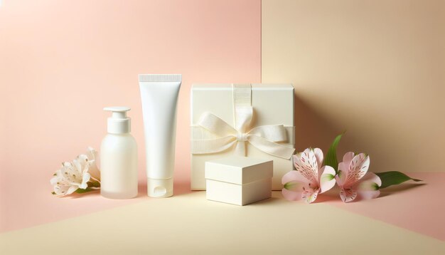 Apresentação de um conjunto de presentes de uma caixa de presentes de produtos cosméticos sobre um fundo pastel com flores