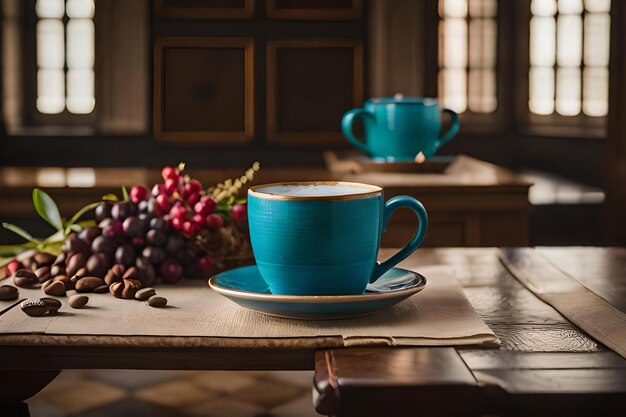 apresentação de xícara de café em um fundo de castelo francês elegante