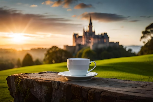 apresentação de xícara de café em um fundo de castelo francês elegante