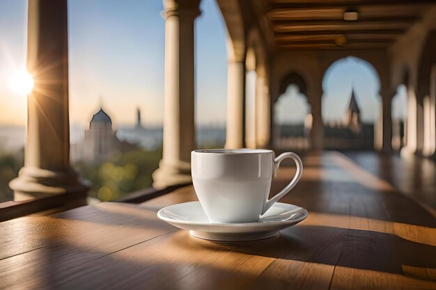 apresentação de xícara de café em um fundo de castelo francês elegante