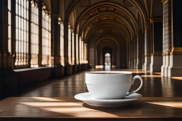 apresentação de xícara de café em um fundo de castelo francês elegante