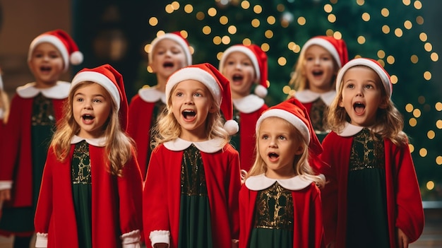 Foto apresentação do coro de natal de crianças adoráveis com cantores em miniatura em roupas curiosas criança de natal