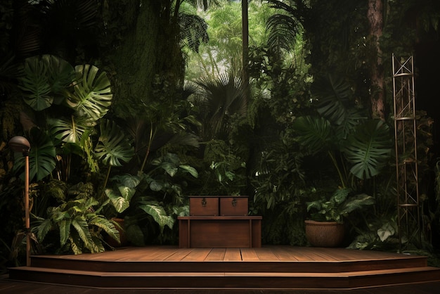 Apresentação do produto com um pódio de madeira situado em meio a uma exuberante floresta tropical