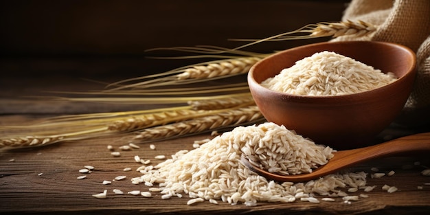 Apresentação rústica de grãos de arroz em uma mesa de madeira com uma colher tradicional Closeup de arroz cru AI Generative