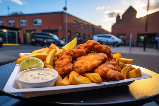 Apresentação saborosa de comida de rua com peixe clássico e batatas fritas em um prato