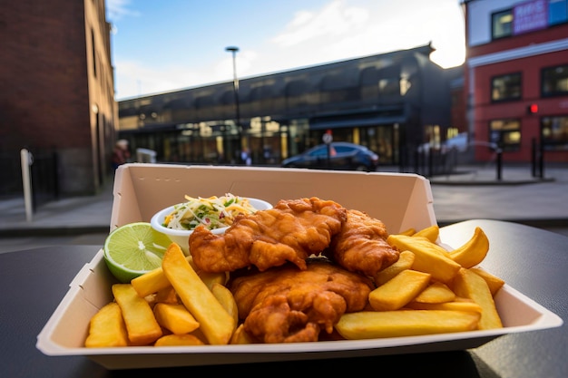 Apresentação saborosa de comida de rua com peixe clássico e batatas fritas em um prato