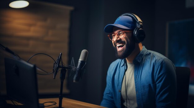 apresentador de rádio feliz falando em um microfone em um