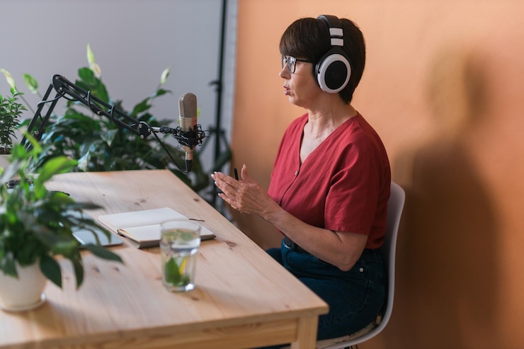 Foto apresentadora de rádio de mulher de meia idade fazendo gravação de podcast para transmissão de programa online e conceito de dj
