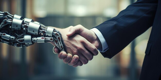 Un apretón de mano con un robot de IA en un entorno empresarial digital