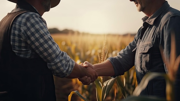 Apretón de manos de agricultores agrícolas en una granja de maíz con tecnología de IA generativa