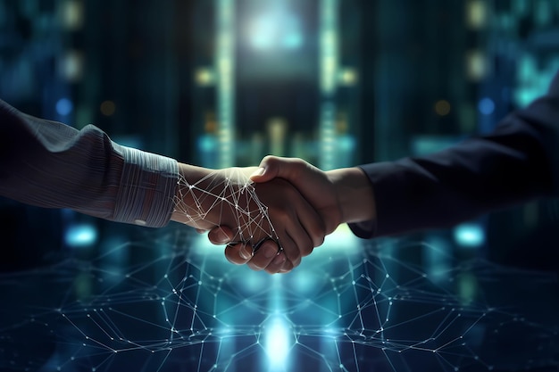 Un apretón de manos al concluir un acuerdo comercial Cryptocurrency blockchain bitcoin minería transacciones financieras arte de alta resolución IA generativa