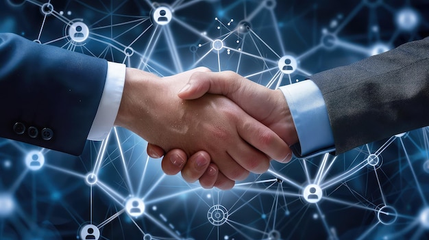 Un apretón de manos comercial con superposición de interfaz digital