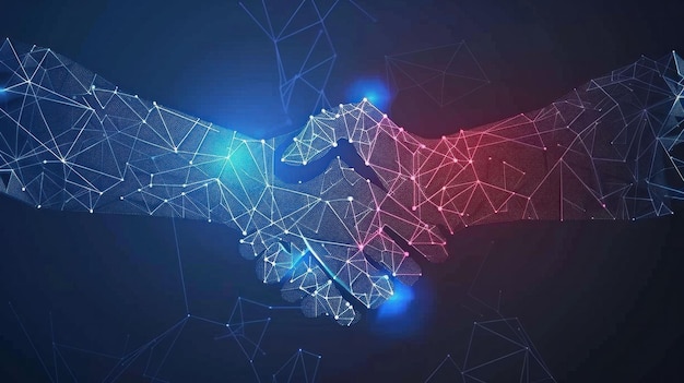 Un apretón de manos digital que simboliza la asociación y la colaboración en un mundo impulsado por la tecnología con una red de líneas azules y rojas